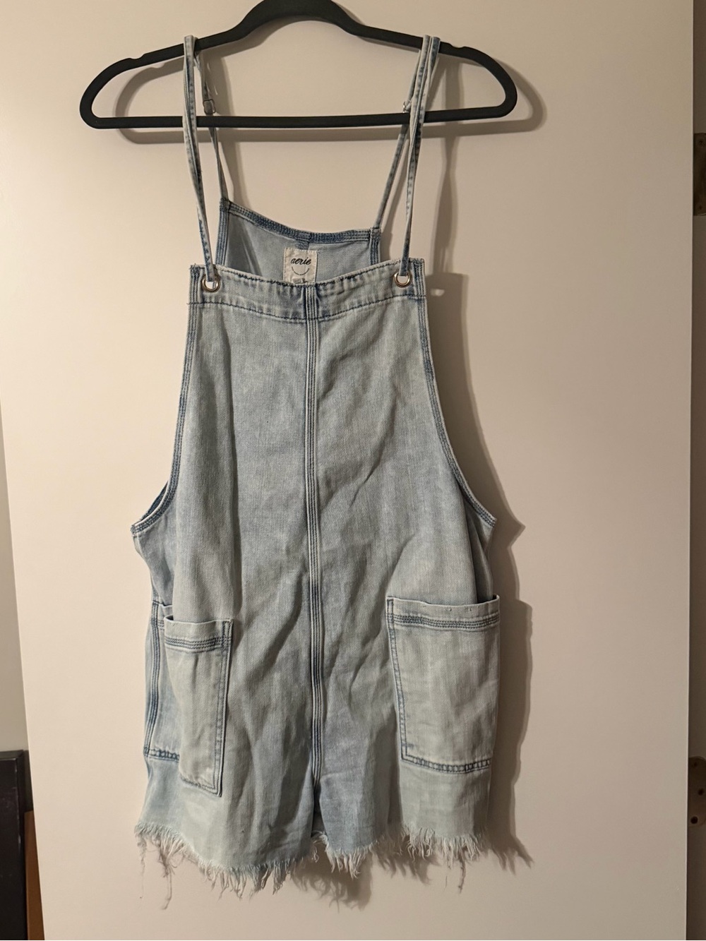 aerie Light Wash Denim Short Overalls Romper